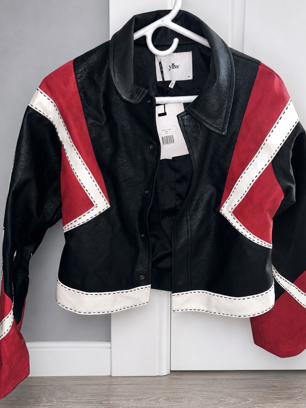 Y/2K Inspired Black Leather Jacket with Red & White Contrast Panels